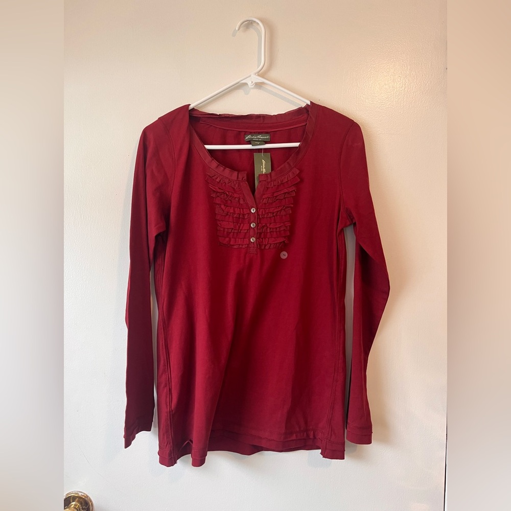 Eddie Bauer Women's NWT Red Knit Ruffled Cerise Long Sleeve Top Size Medium